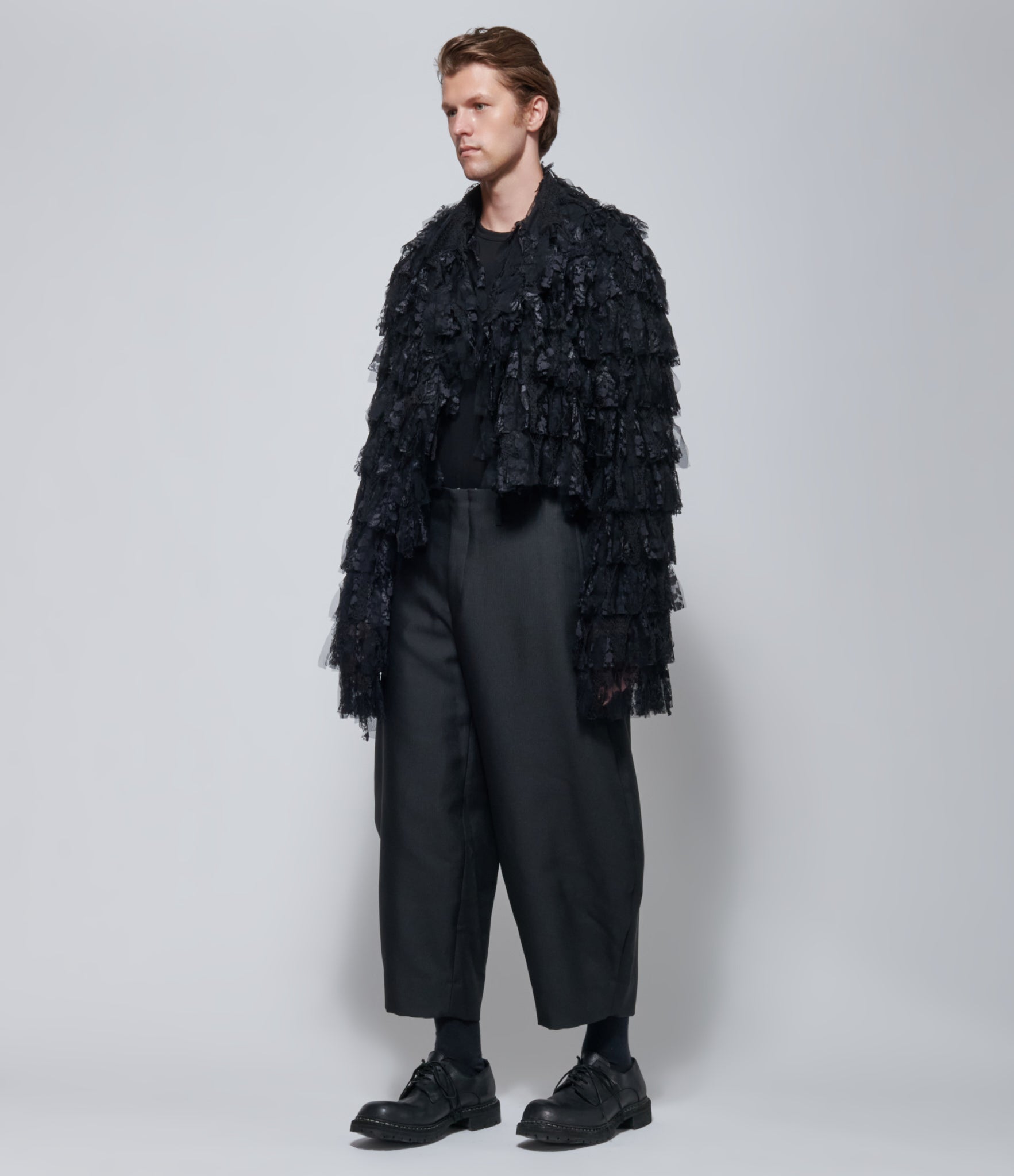 FW26 COMME des GARÇONS Homme Plus Tiered Lace Ruffle Jacket