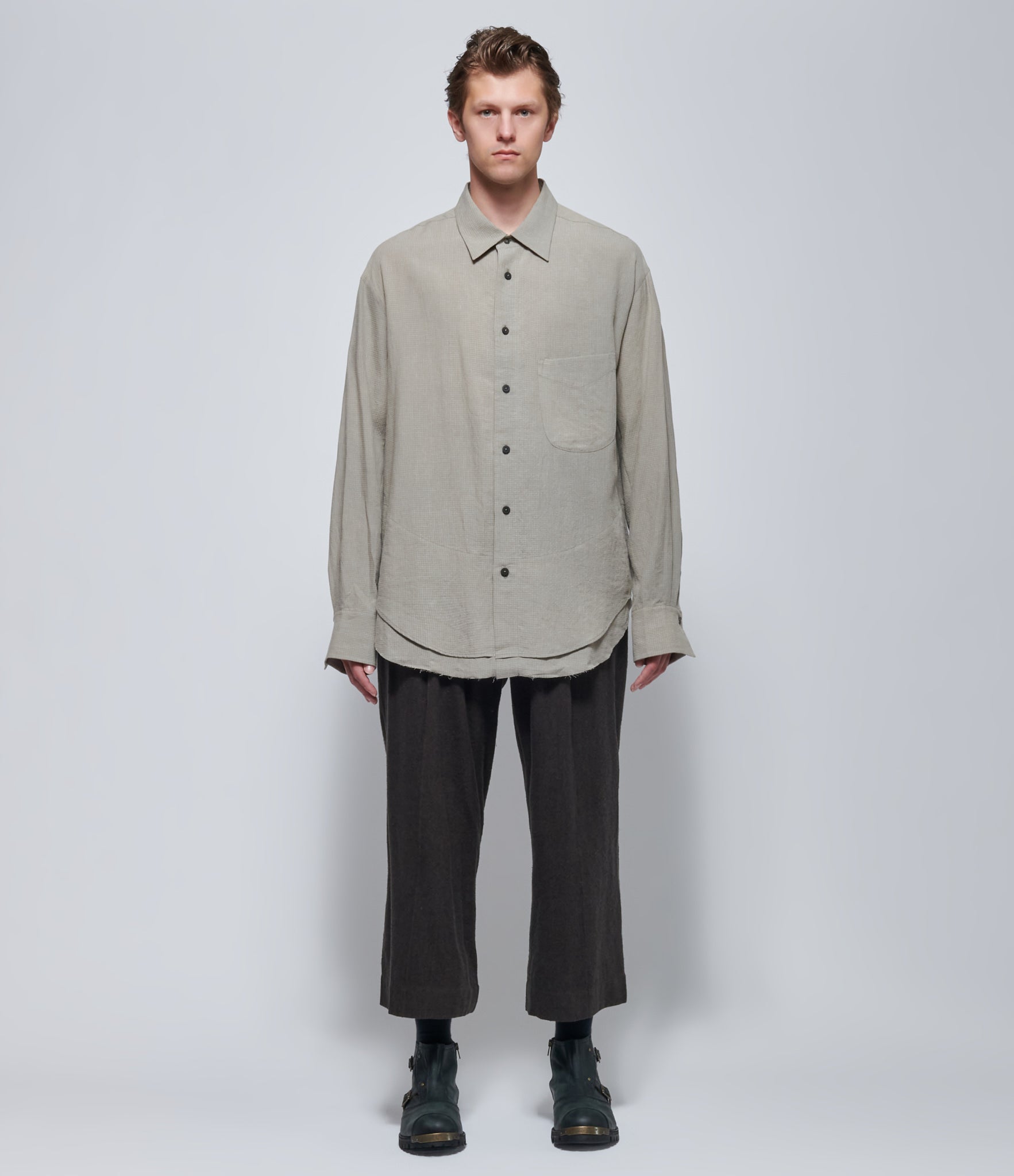 Ziggy Chen Mens Seersucker Layered Hem Oversized Shirt
