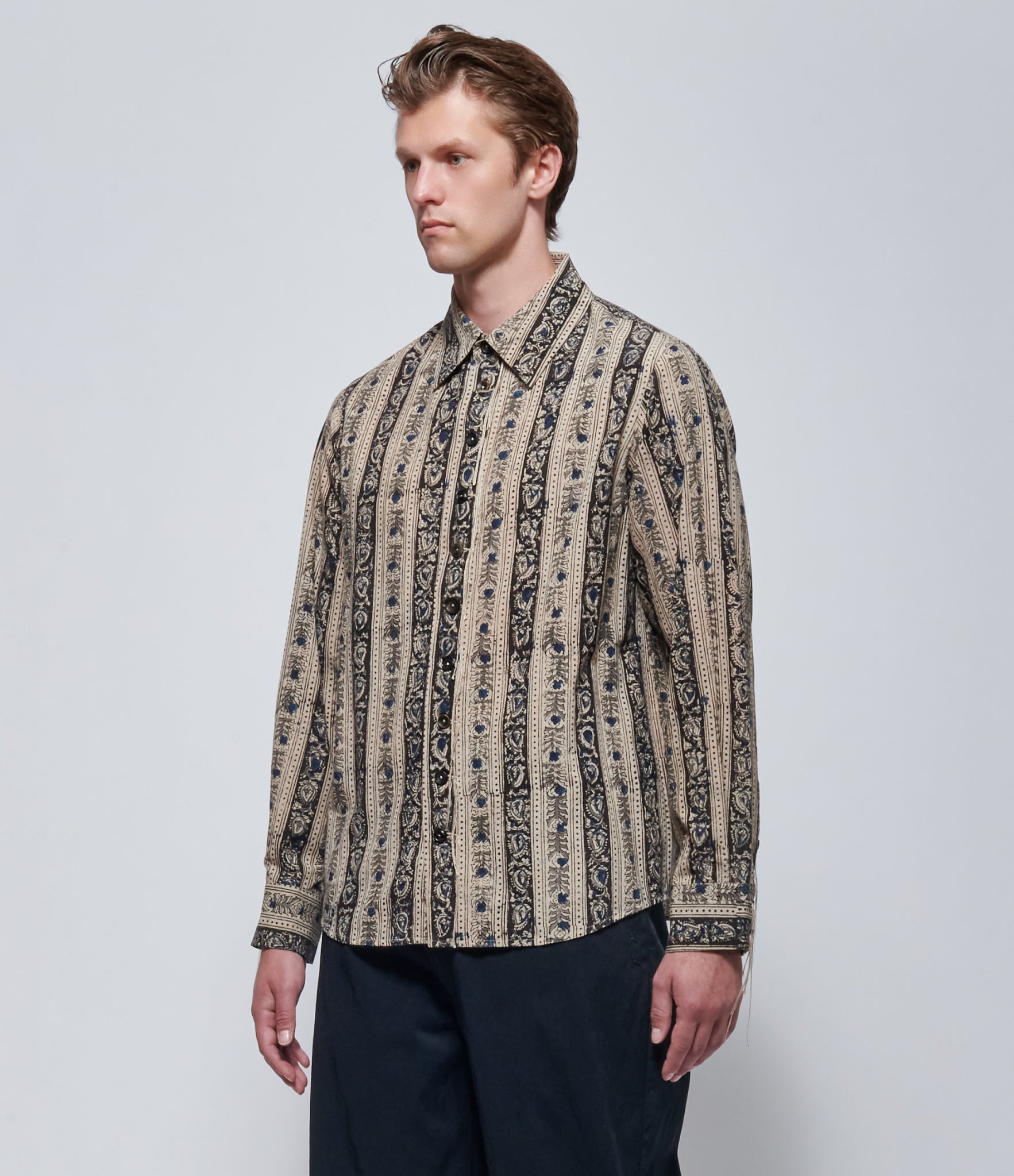 A Tentative Atelier Mens Alvin Kalamkari Stripe Block Print Shirt