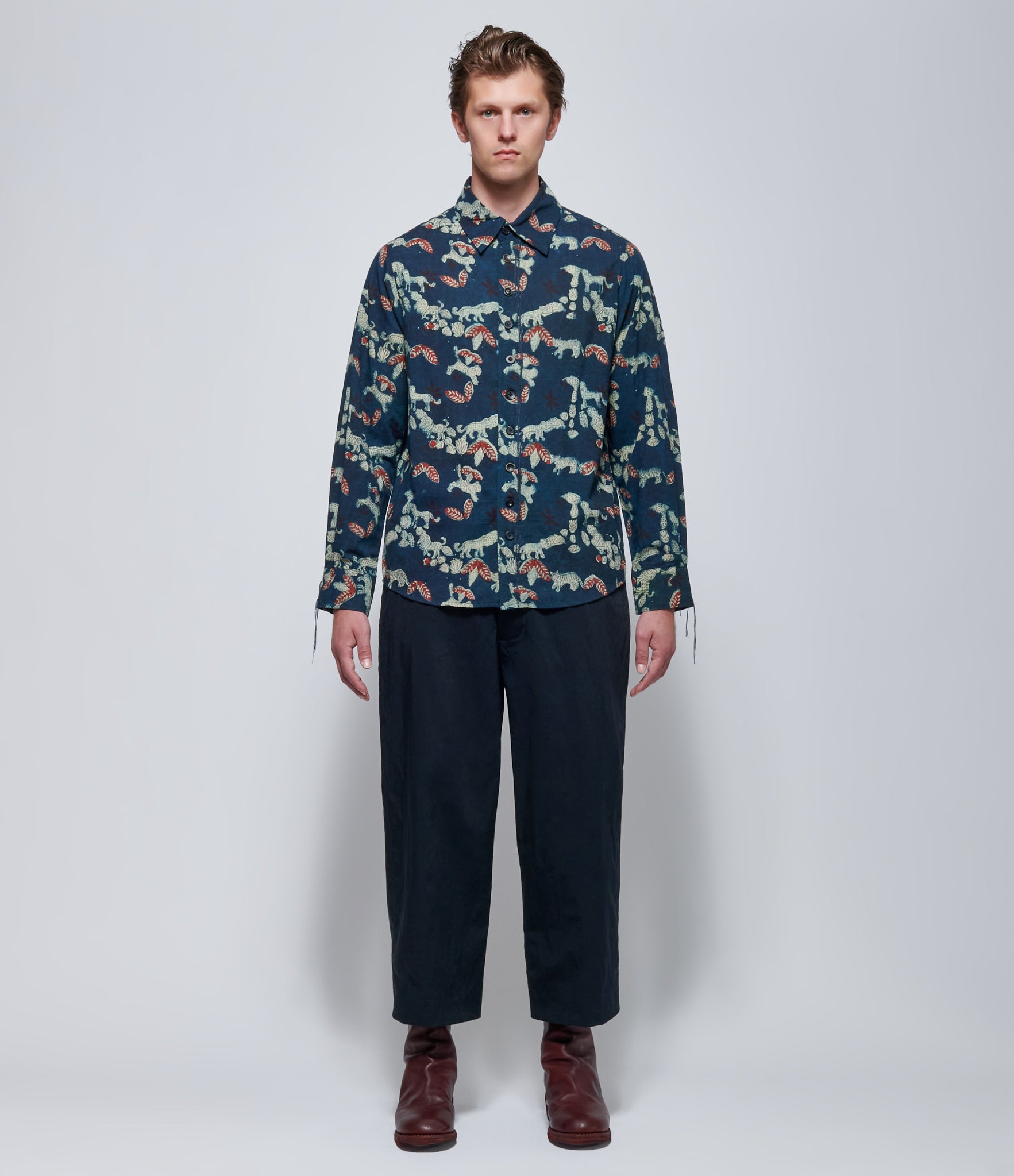 A Tentative Atelier Mens Alvin Indigo Tiger Block Print Shirt