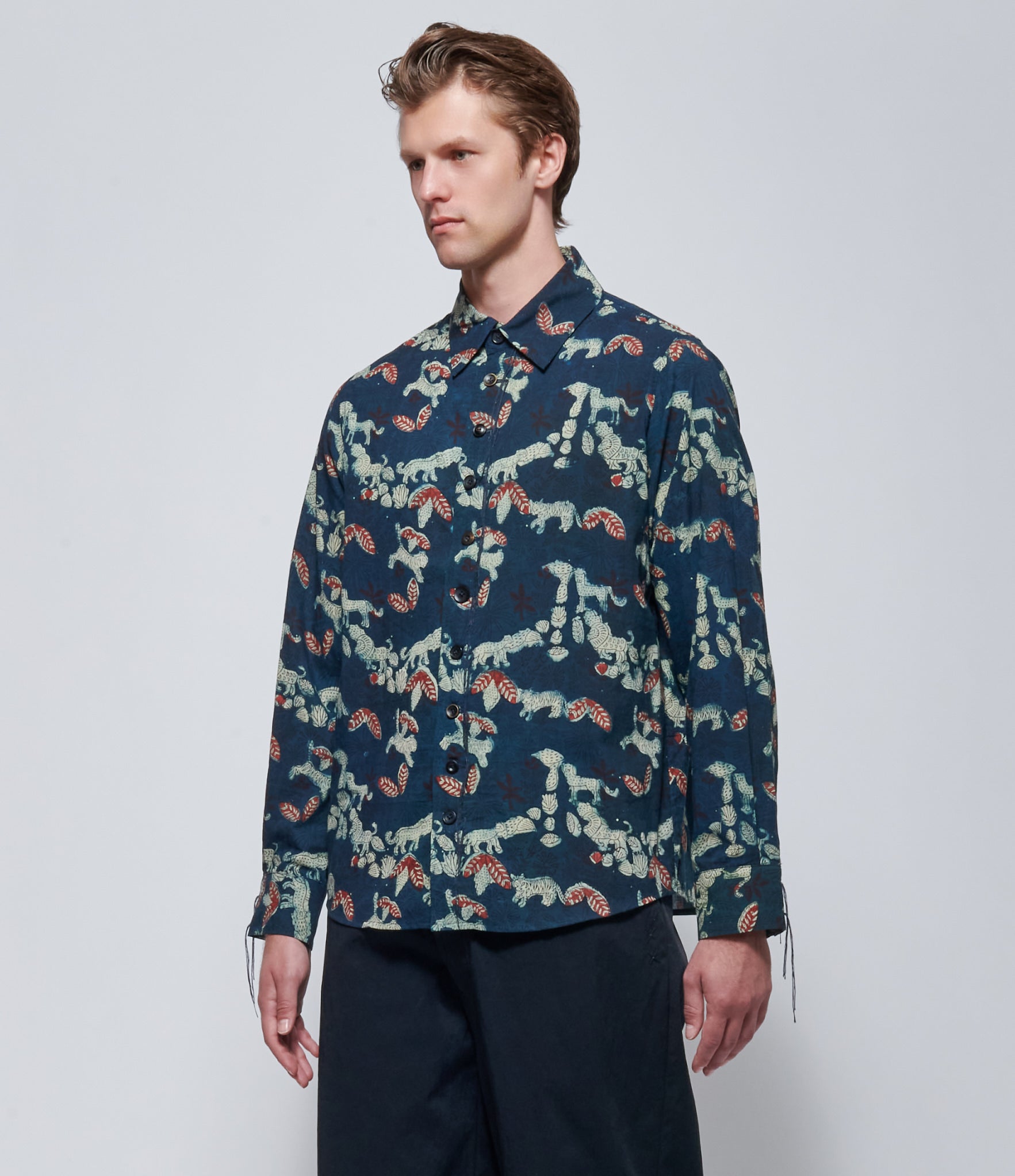 A Tentative Atelier Mens Alvin Indigo Tiger Block Print Shirt