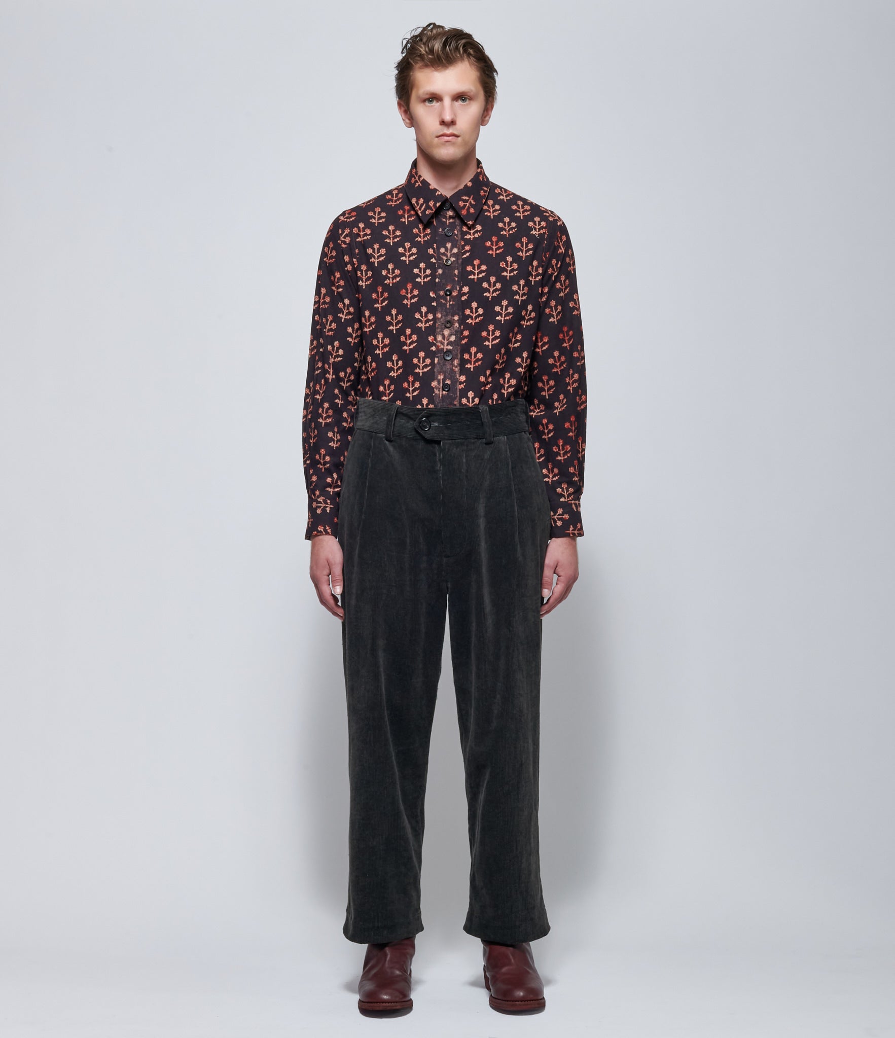 A Tentative Atelier Mens Gyasi Dark Ink Corduroy Hand Stitch Buckle Pants