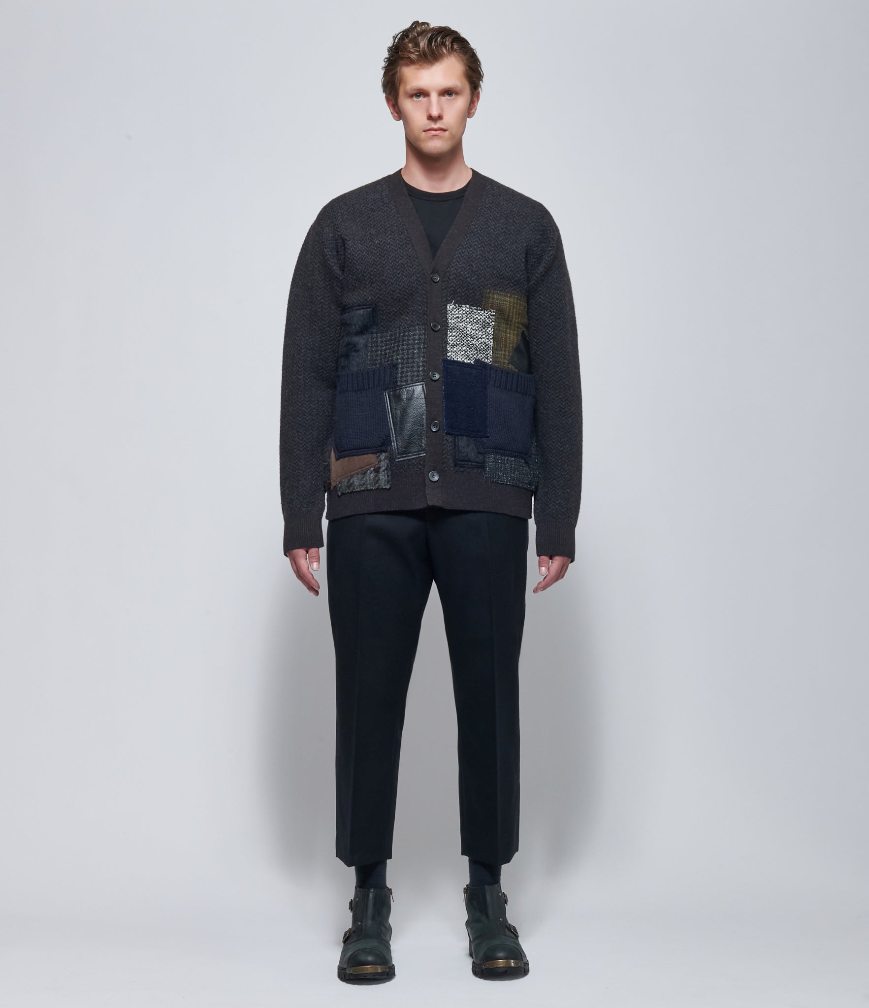 Junya Watanabe Mens Wool Patchwork Cardigan Dark Grey