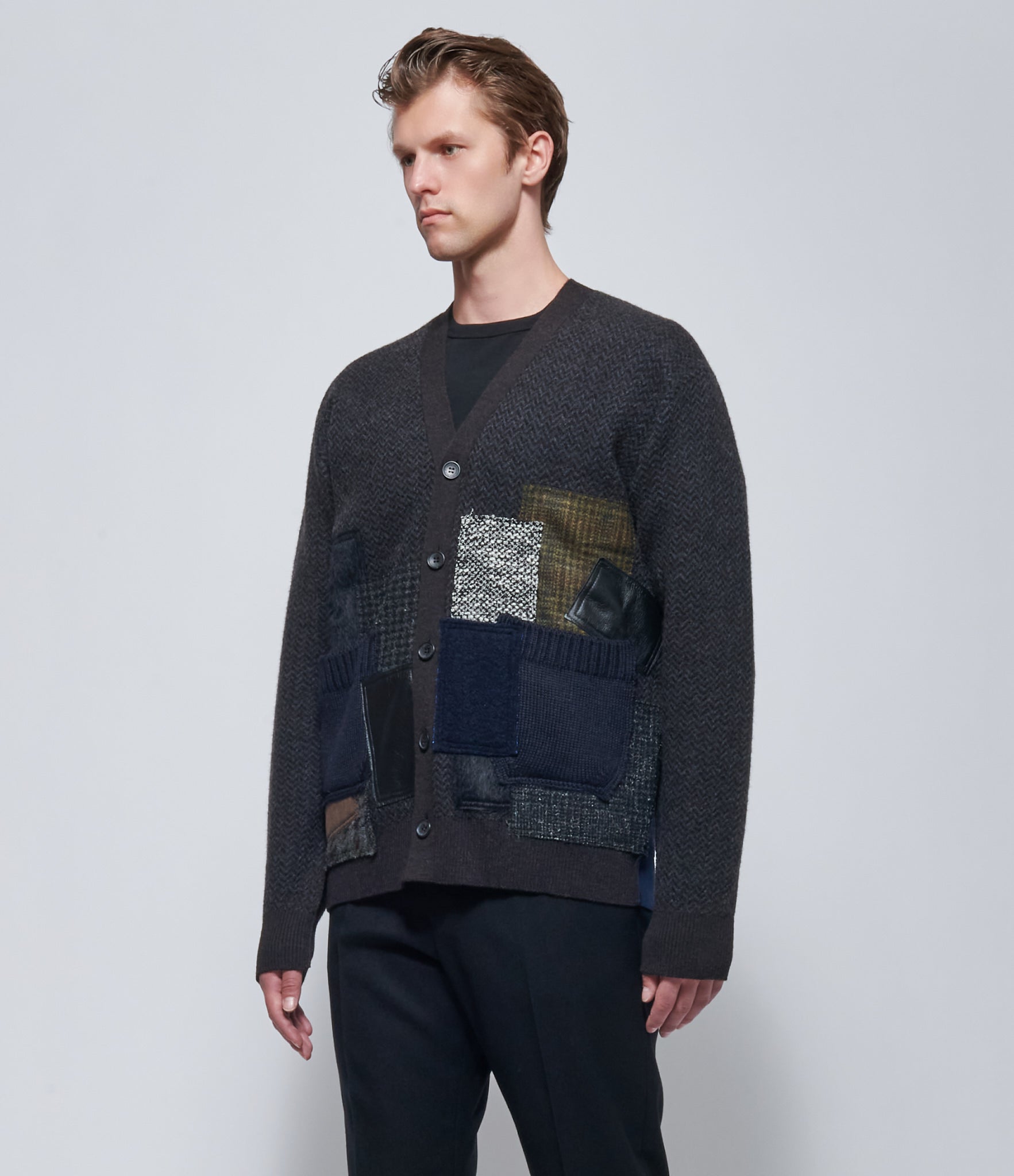 Junya Watanabe Mens Wool Patchwork Cardigan Dark Grey