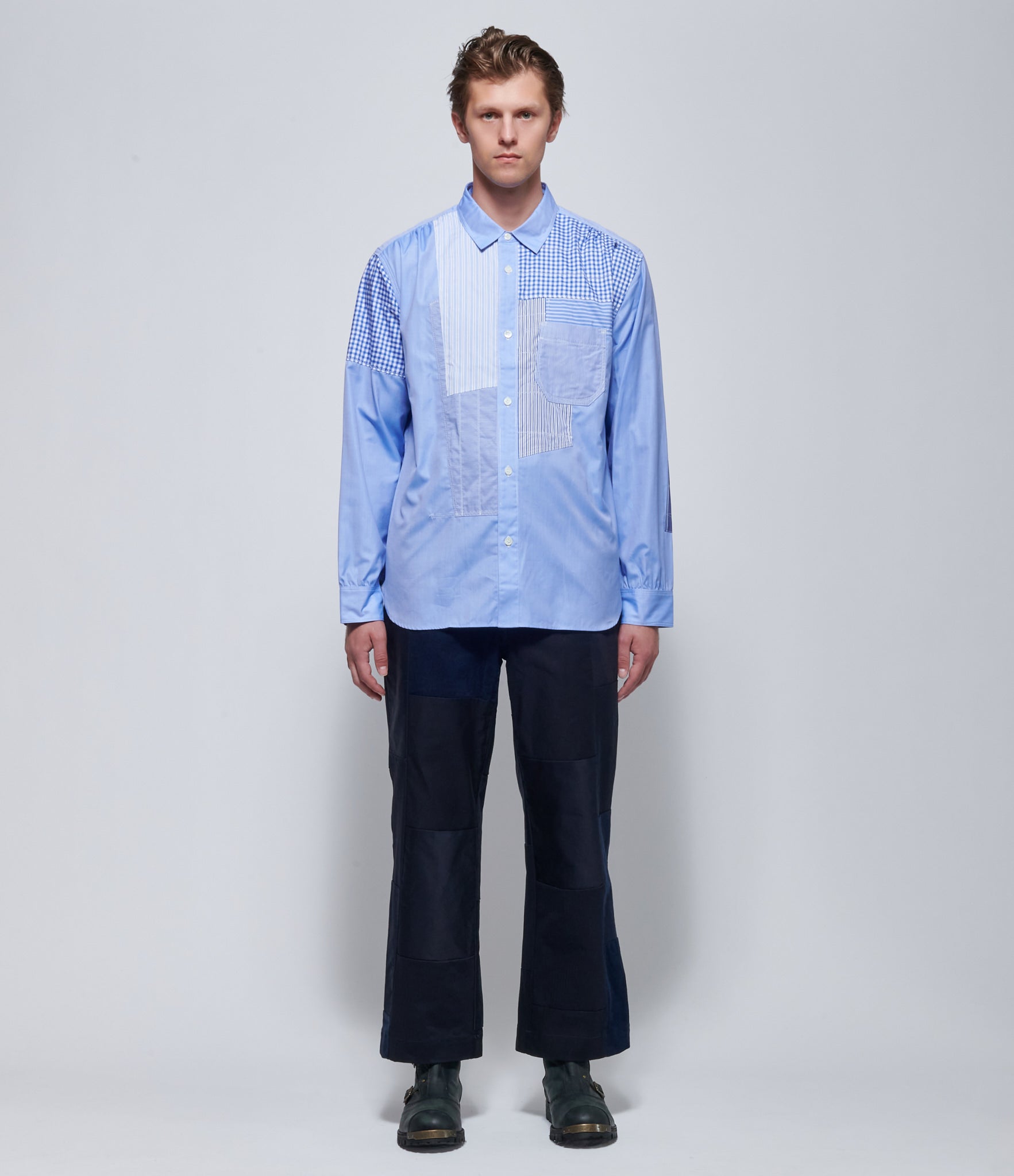 Junya Watanabe Mens Shirt Blue Patchwork Shirt