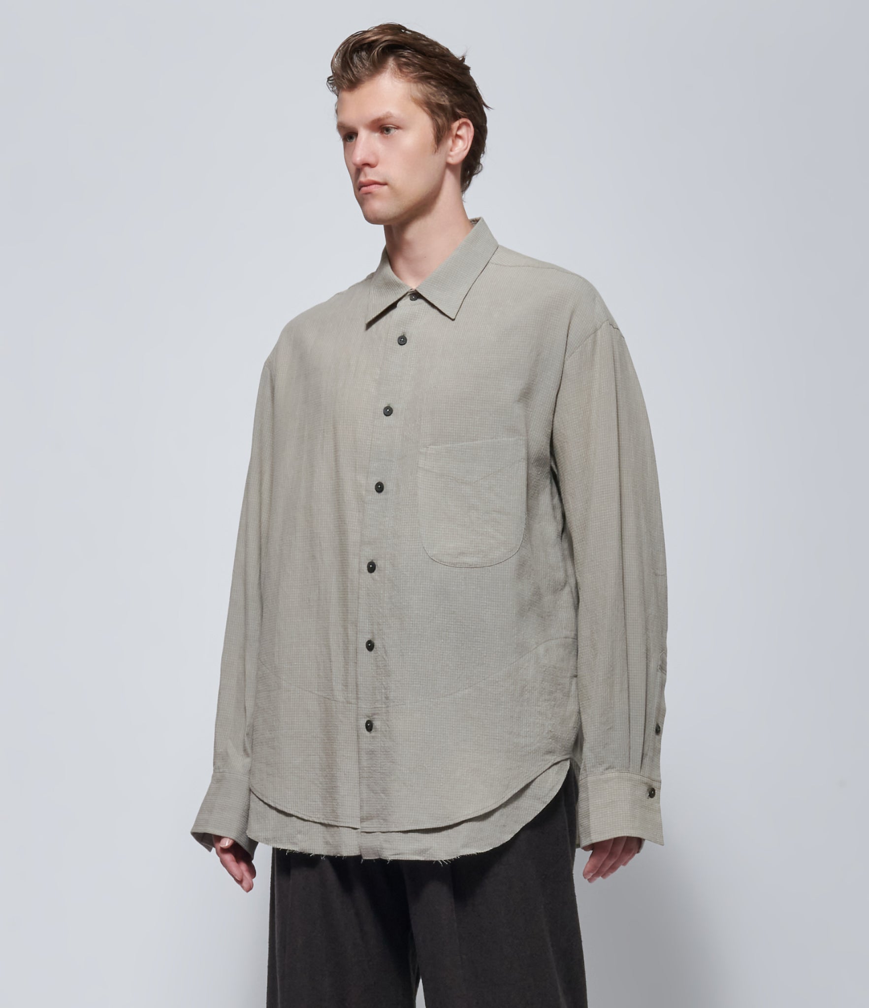 Ziggy Chen Mens Seersucker Layered Hem Oversized Shirt