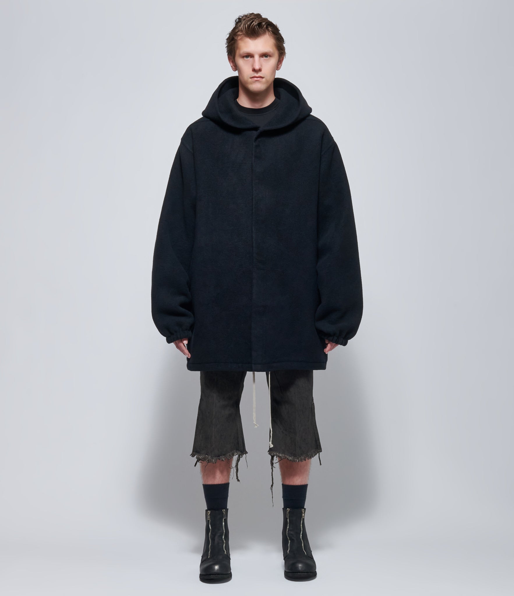Rick Owens Mens Double Cashmere Hooded Tour Jacket in Black