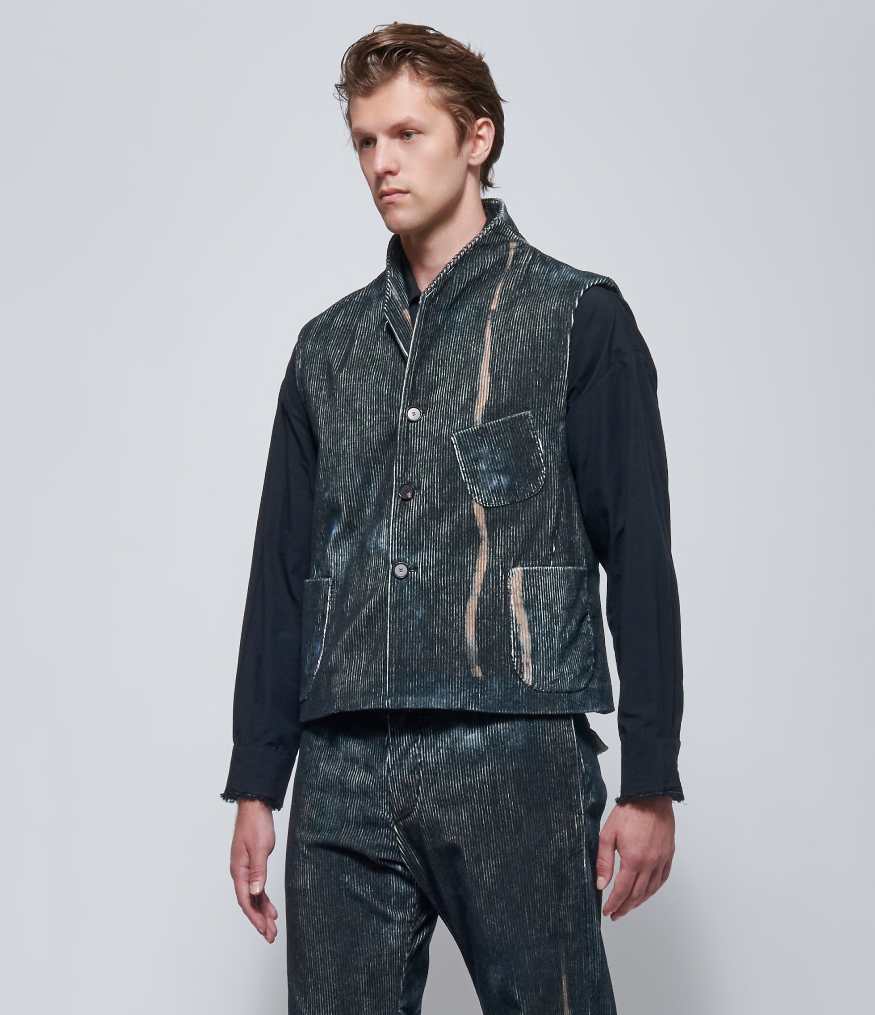K'ANG Mens Off-Black 3 Pocket Corduroy Gilet