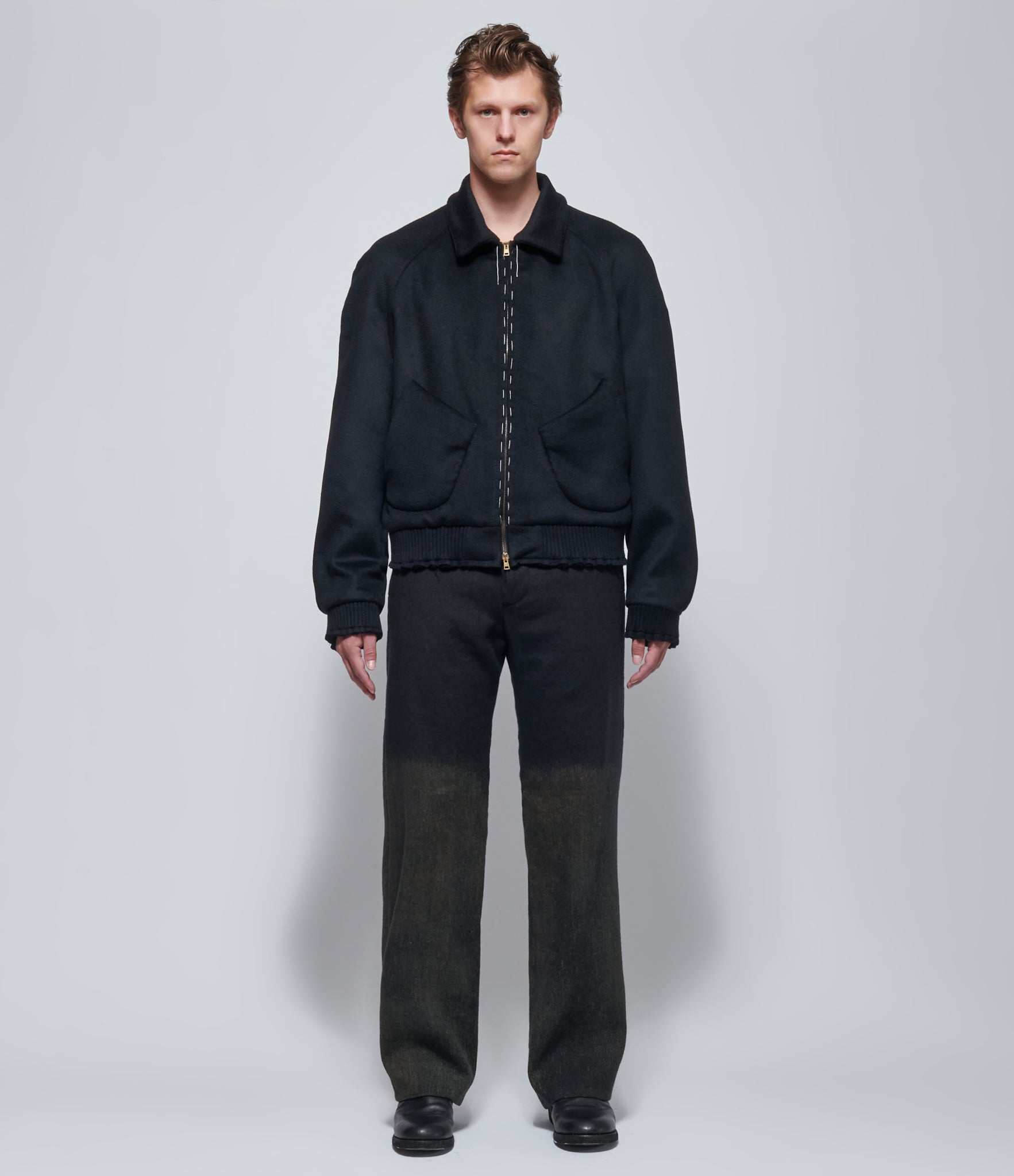 K'ANG Mens Relaxed-Fit Black Wool Raglan Bomber Jacket