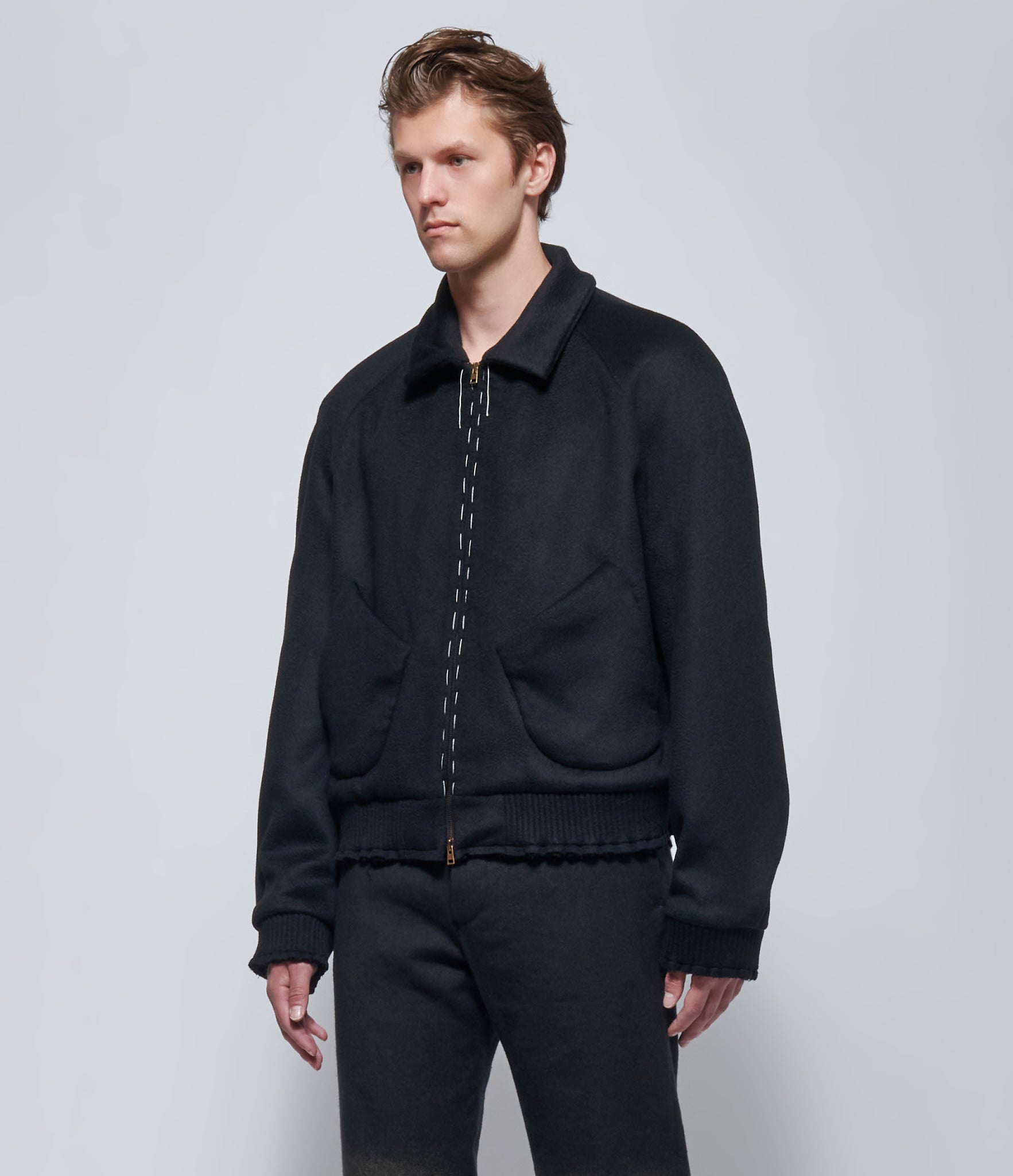 K'ANG Mens Relaxed-Fit Black Wool Raglan Bomber Jacket