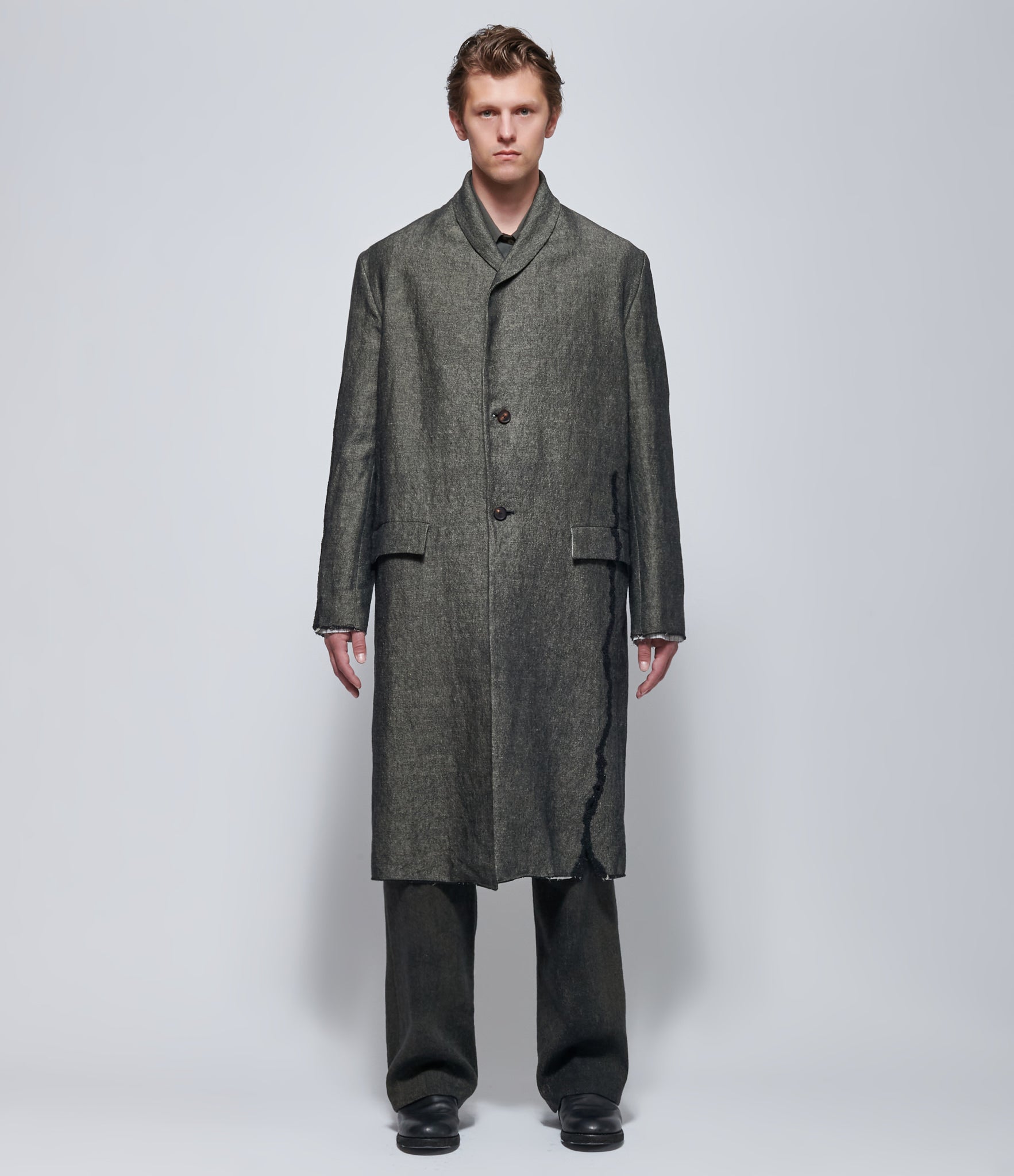 K'ANG Mens Grey Embroidered Shawl Collar Long Coat