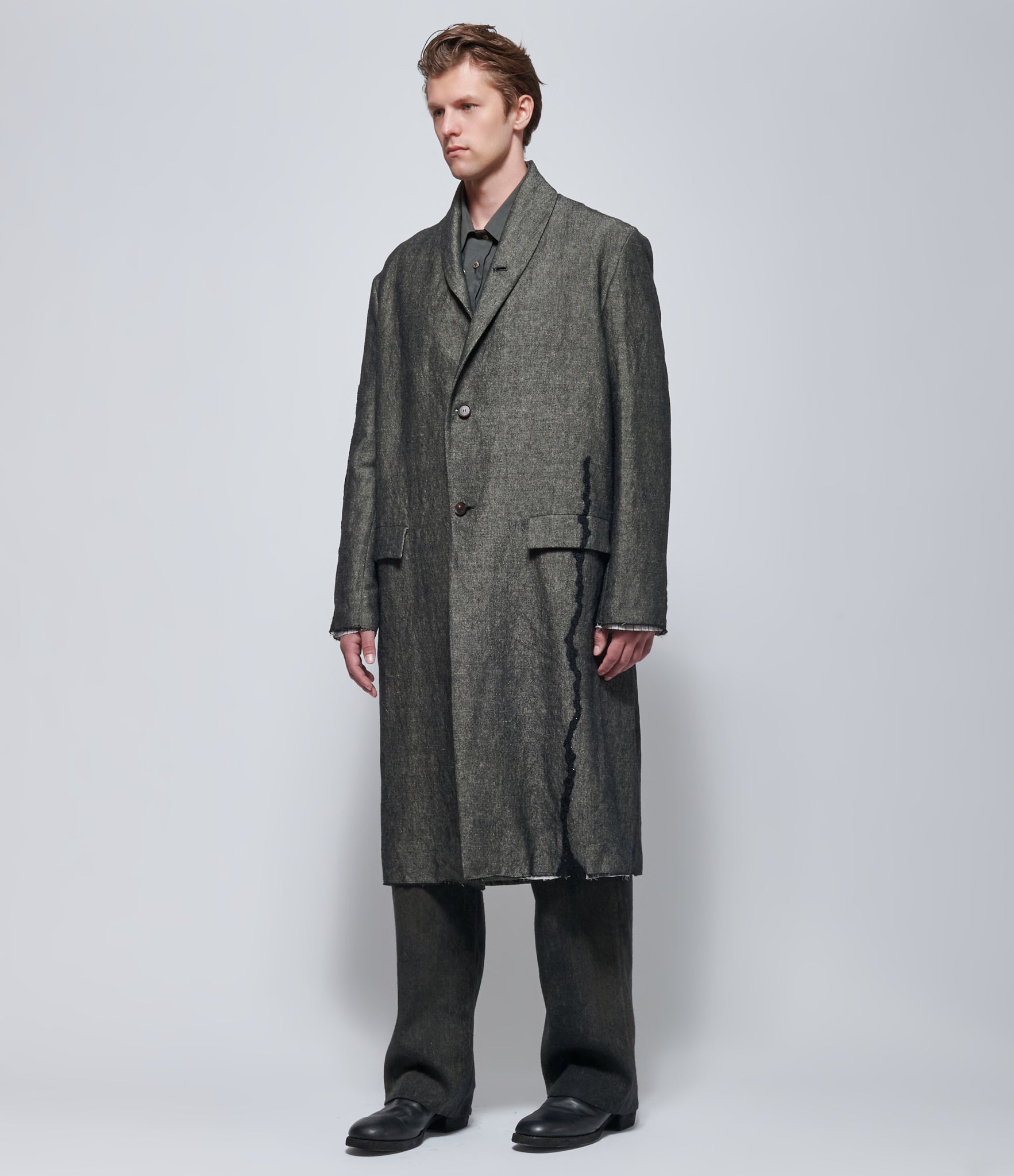 K'ANG Mens Grey Embroidered Shawl Collar Long Coat