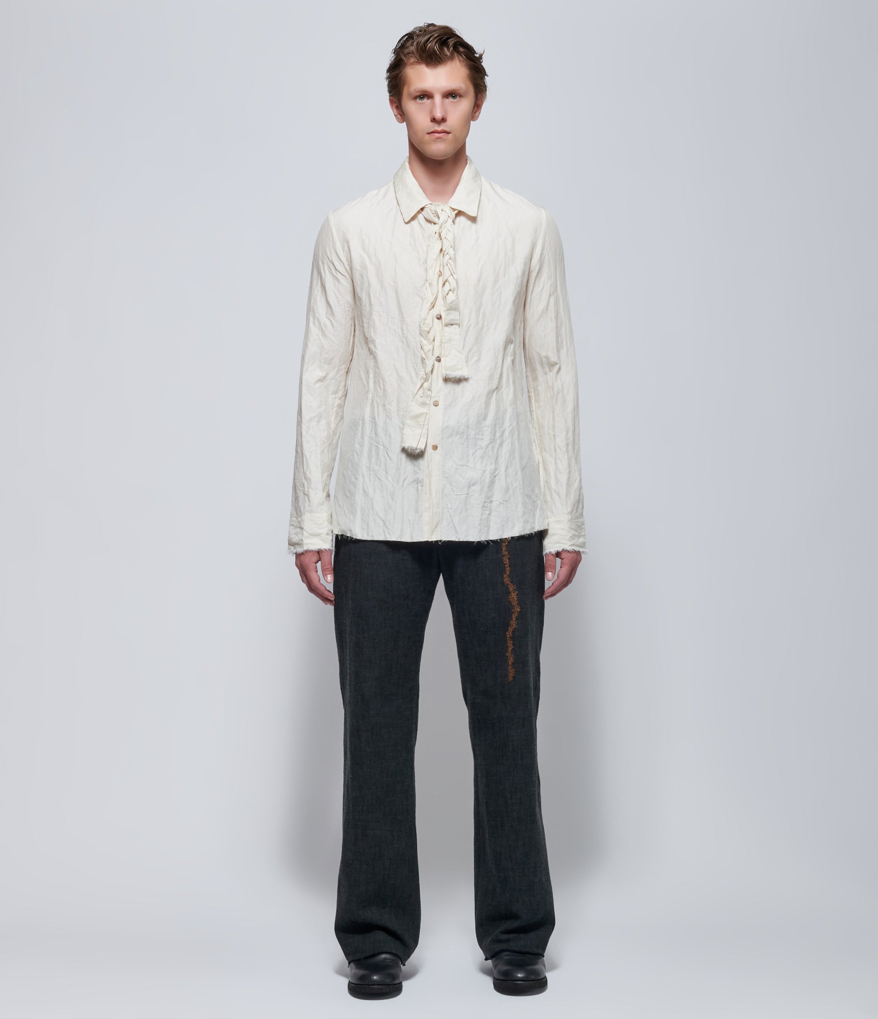 K'ANG Mens Mid-Fit Ivory Washed Cotton Shirt with Detachable Tie