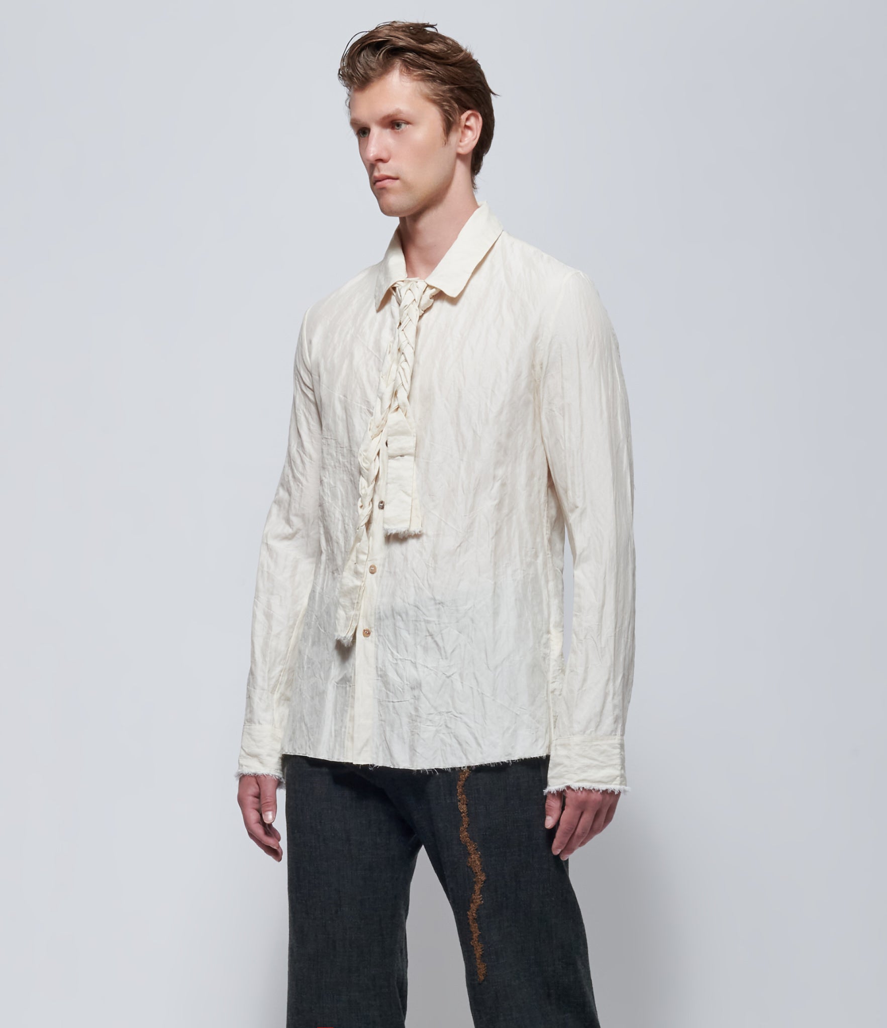K'ANG Mens Mid-Fit Ivory Washed Cotton Shirt with Detachable Tie