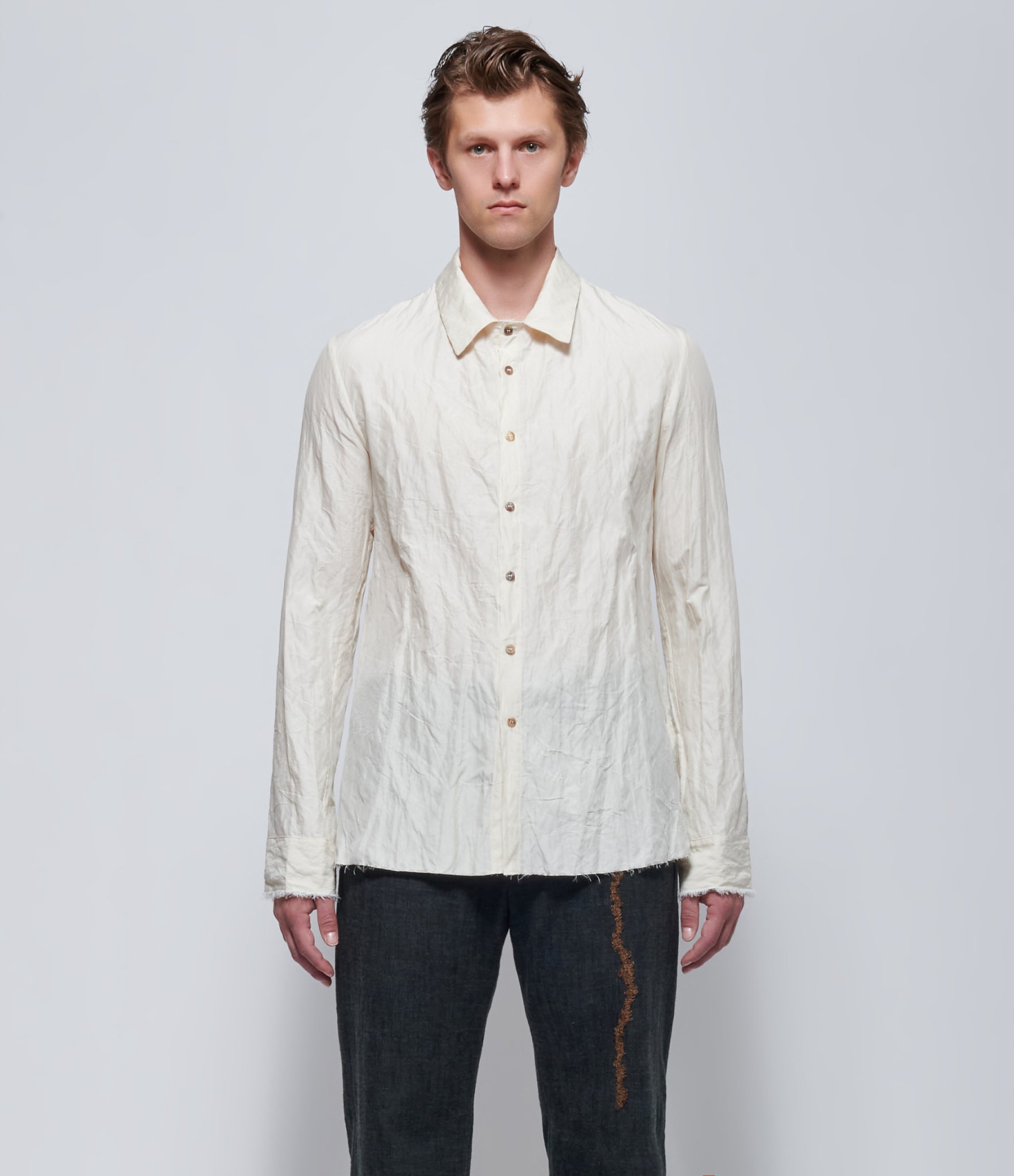 K'ANG Mens Mid-Fit Ivory Washed Cotton Shirt with Detachable Tie