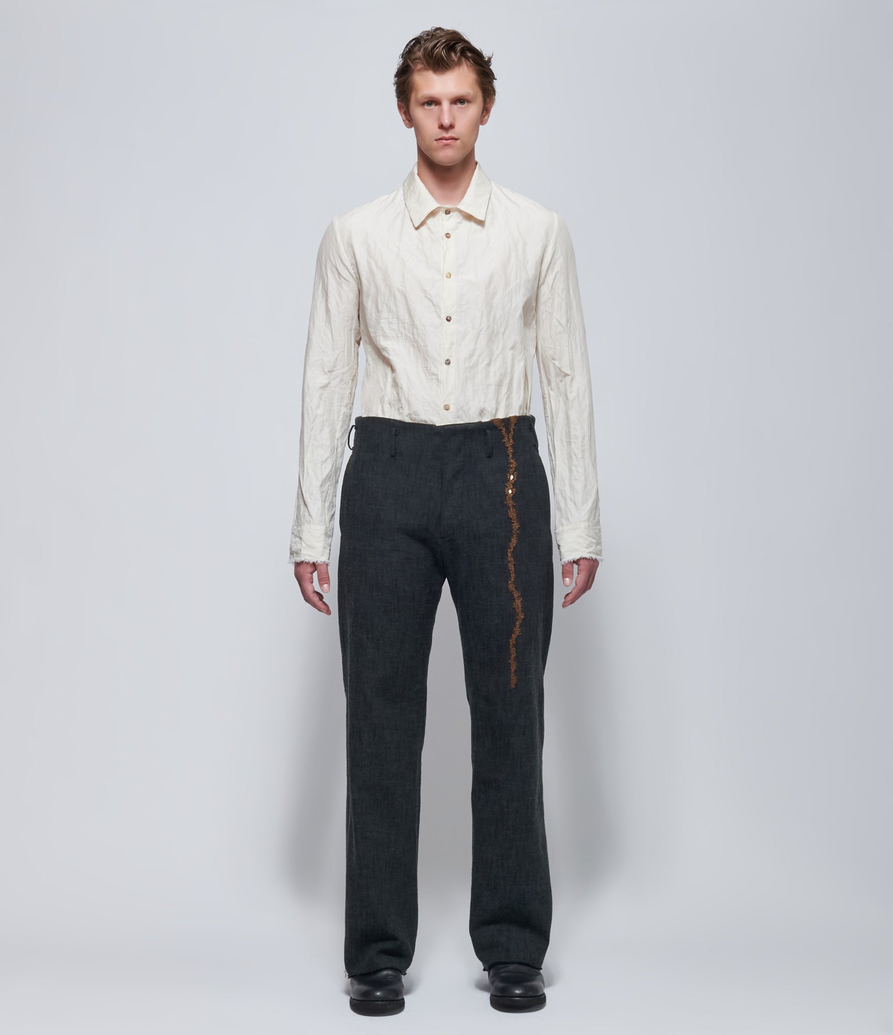 K'ANG Mens Dark Greyish Green Embroidered Straight-Leg Trousers