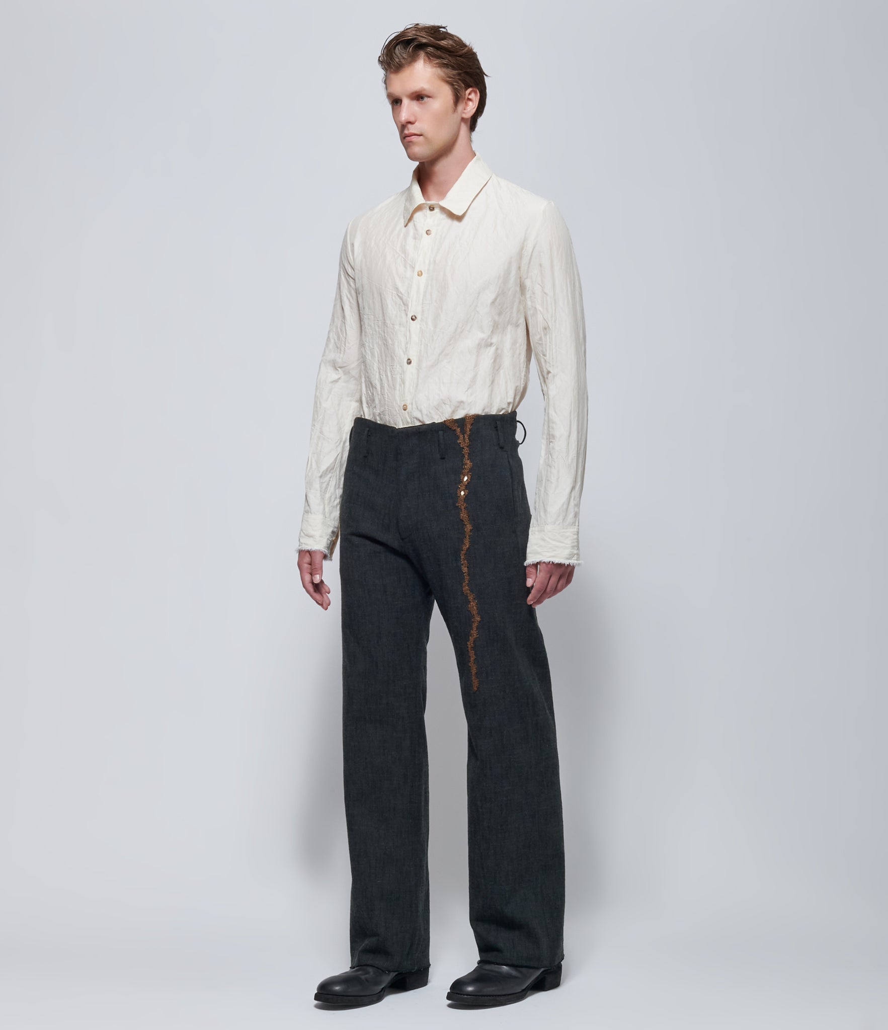 K'ANG Mens Dark Greyish Green Embroidered Straight-Leg Trousers