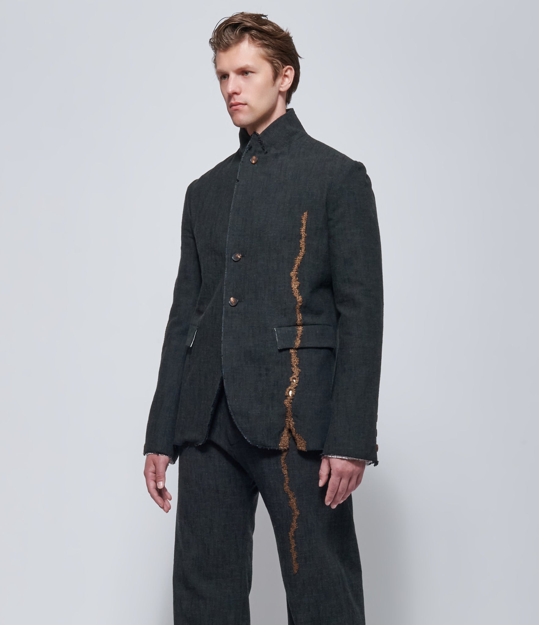 K'ANG Men RP Dark Greyish Green Embroidered 3 Buttoned Fitted Jacket