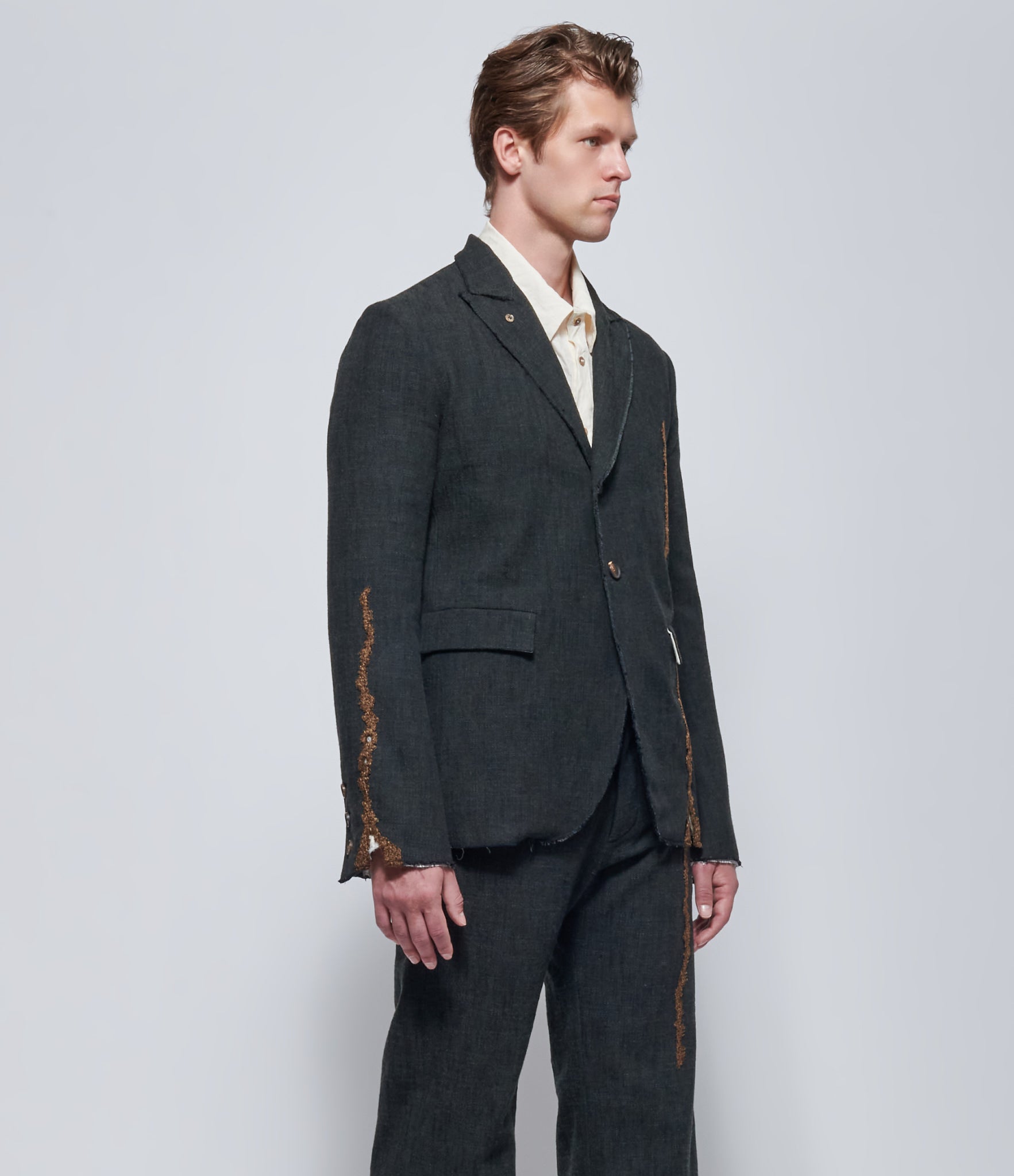 K'ANG Men RP Dark Greyish Green Embroidered 3 Buttoned Fitted Jacket