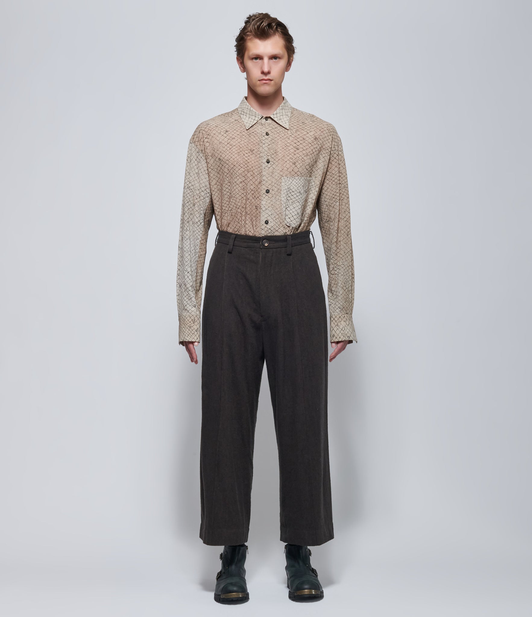Ziggy Chen Mens Pleated Brown Cashmere Silk Straight-Leg Trousers