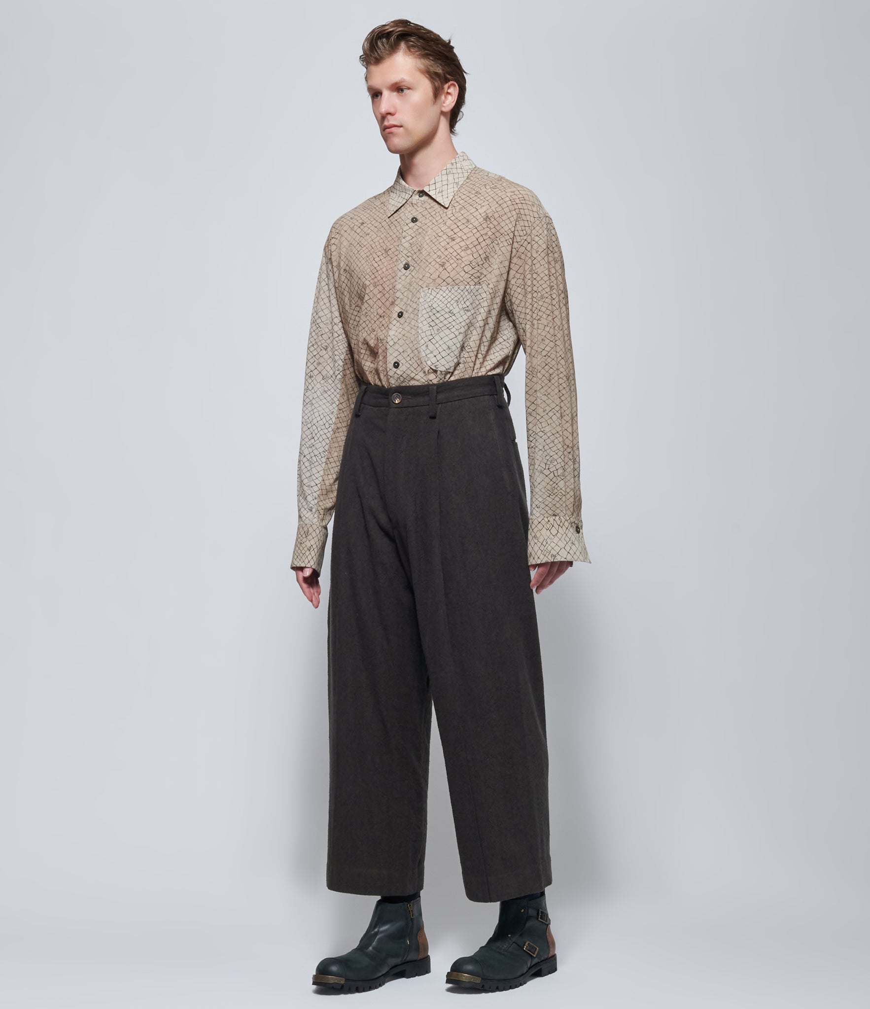 Ziggy Chen Mens Pleated Brown Cashmere Silk Straight-Leg Trousers