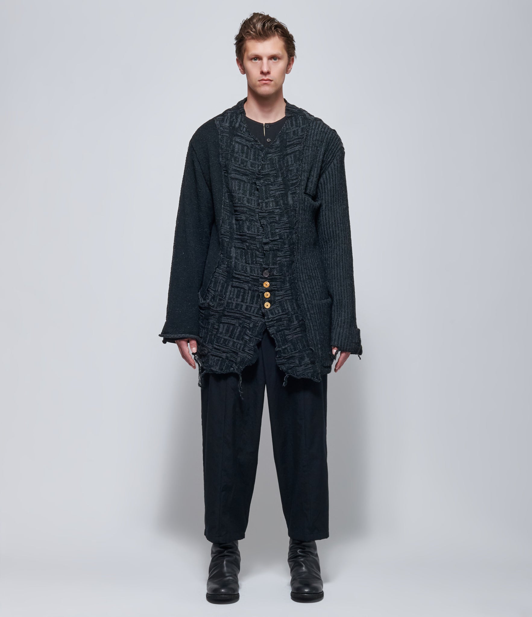 Chiahung Su Checker Patch-Work Stick Knitting Blazer in Black