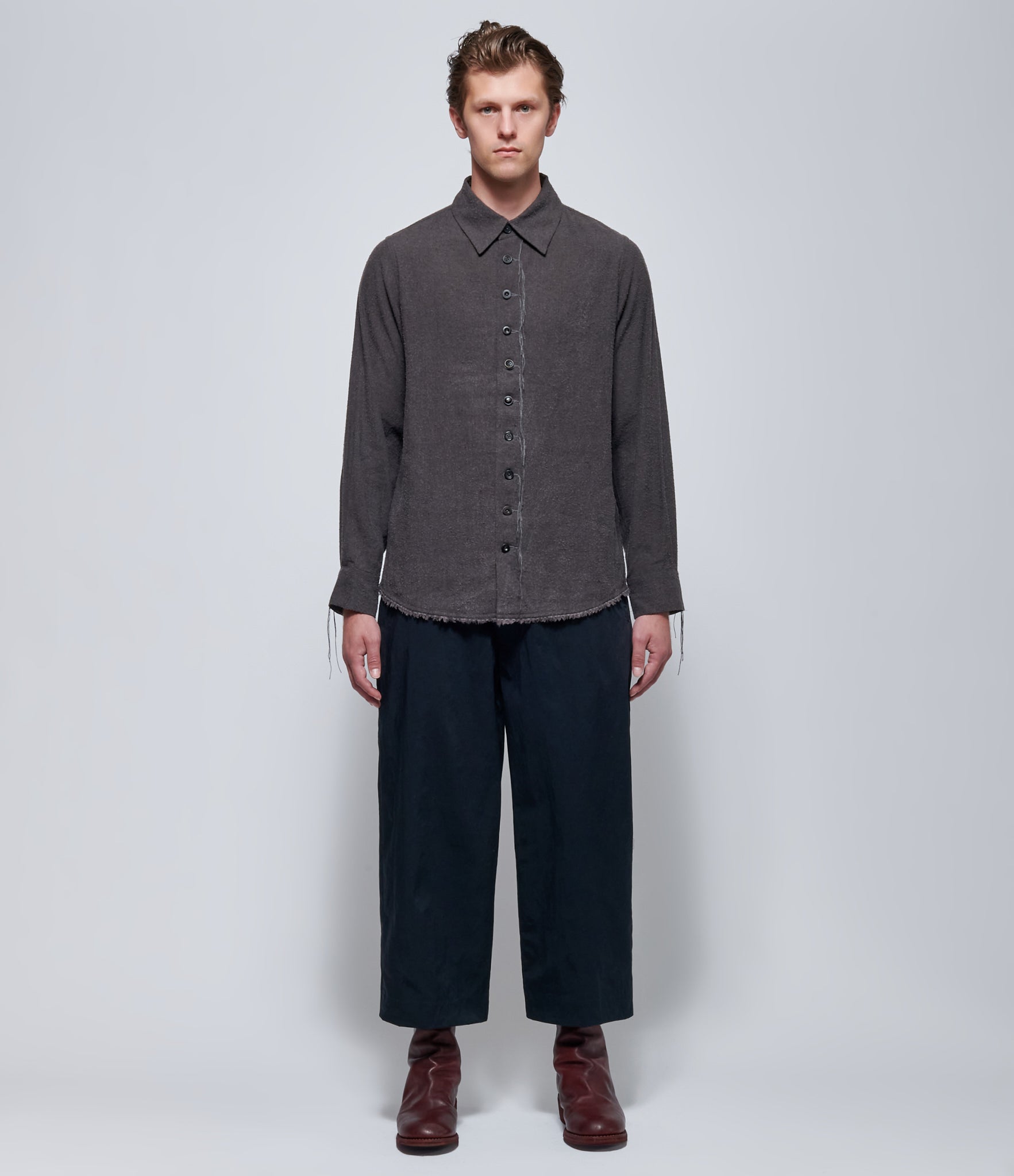 A Tentative Atelier Mens Charcoal Alvin Raw Yarn Edge Shirt