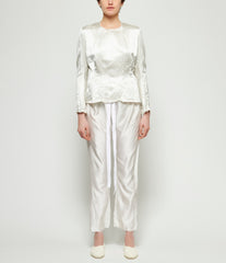 Elena Dawson Silver Print White Light Silk Satin Pajama Pants