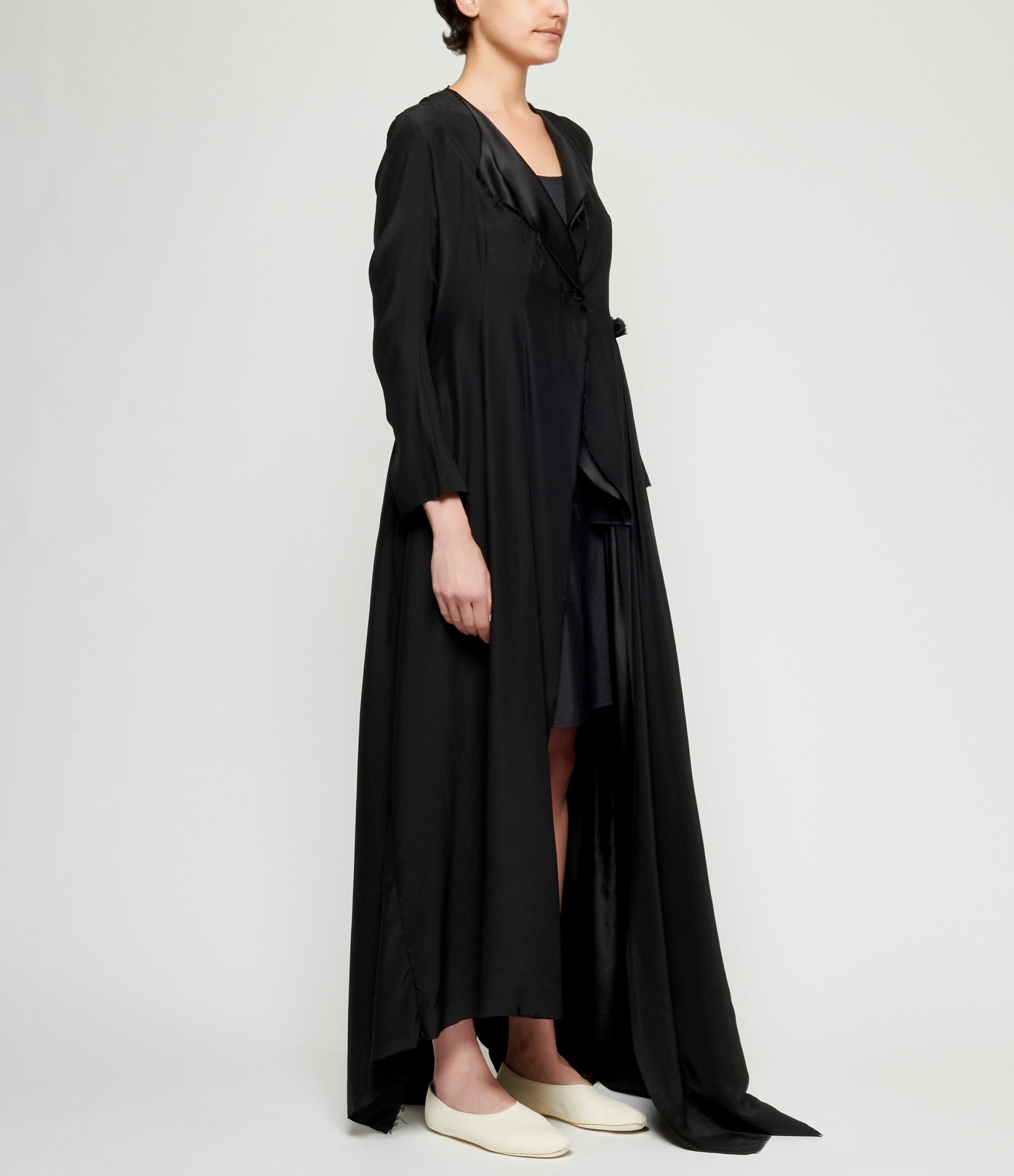 Elena Dawson Black Light Reverse Silk Satin Half & Half Coat