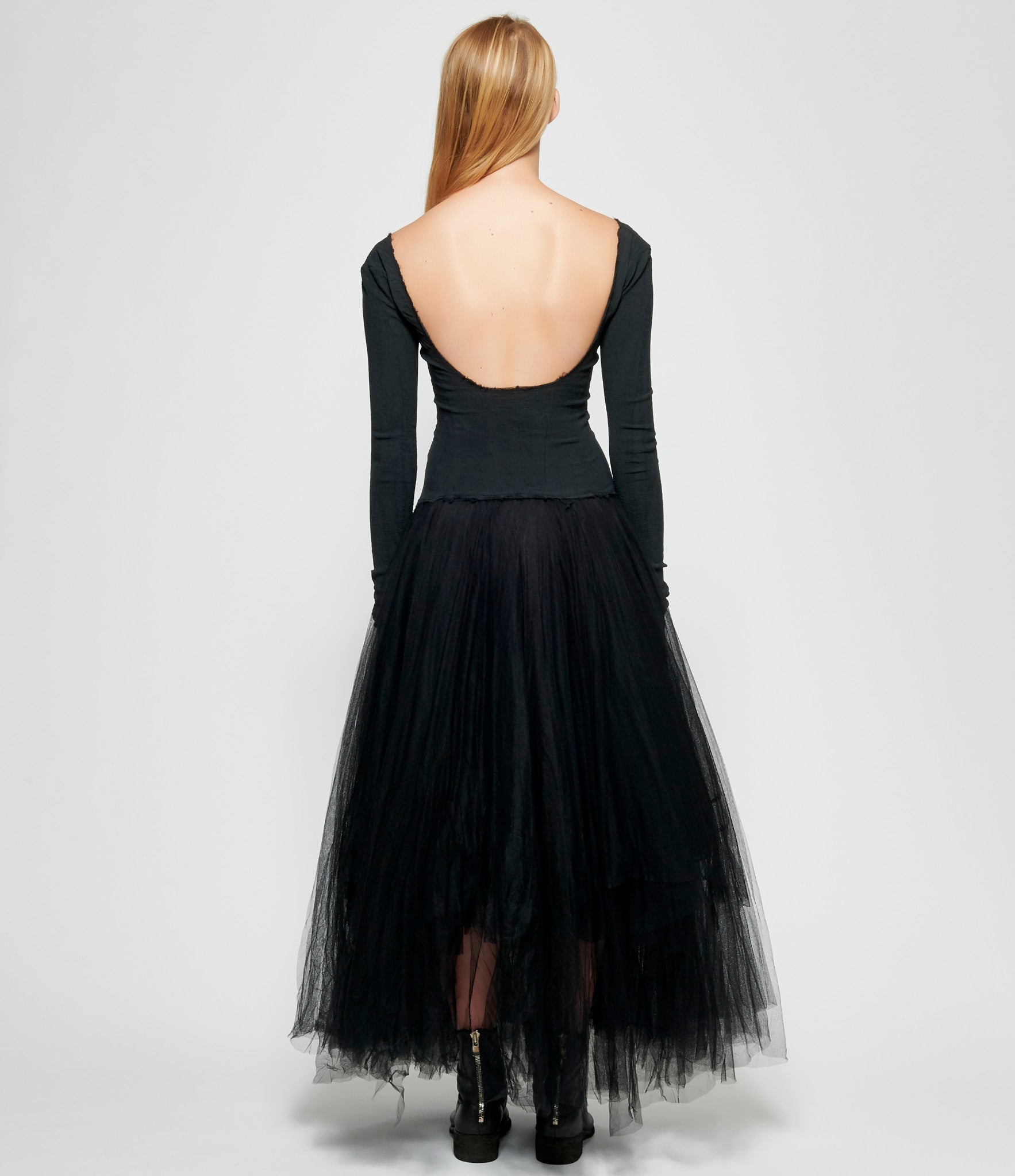 Marc Le Bihan Black Long Sleeve Silk Elastane Paneled Low Back Tulle Dress